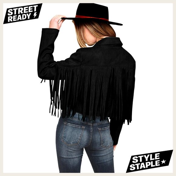 Jackets & Blazers - Faux Suede Fringe Cropped Jacket Slim Fit Motorcycle Style Chic Fall